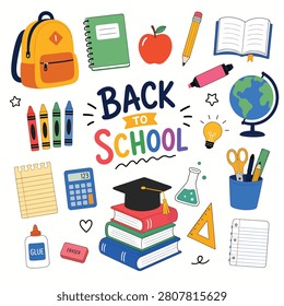 Assortment of school supplies including books notebooks pencils pens and backpack for back to school season