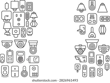 An assortment of security cameras sensors alarms remote controls and home automation devices displayed on a transparent background showing a variety of modern security technology components
