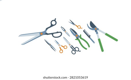 Assortment of sharp cutting tools including scissors, shears, clippers, and tweezers on white background.