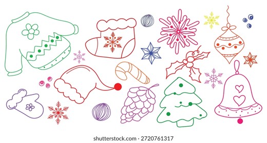 Surtido de Navidades simples dibujadas a mano que incluyen adornos de ropa festivos, copos de nieve y golosinas de invierno en contornos brillantes perfectos para libros o Elementos de diseño de colorear de temporada.