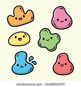 Assortment of Six Adorable Kawaii Blob Characters with Varied Expressions