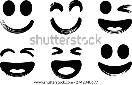 An assortment of six black brush stroke style smiley faces, depicting a range of positive expressions from smiles to exuberant laughs.