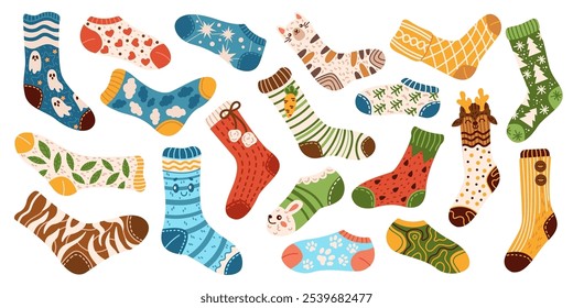 Assortment of socks with playful designs flat color vector objects set. Warm handmade knitwear for feet illustrations pack on white background