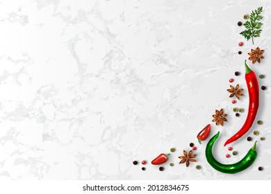 Assortment of spices on white marble background with copy space for your design. Template culinary blog social media. Quality realistic vector, 3d illustration.