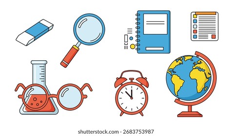 An assortment of stationery and scientific instruments on a white background.