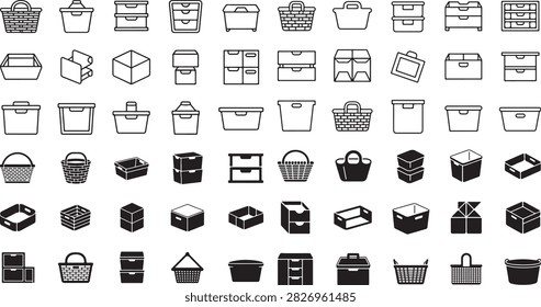 An assortment of storage containers including baskets drawers boxes and bins with different handles shapes and sizes designed for organizing items in various settings