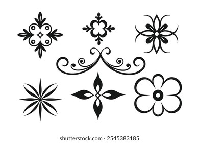 Uma variedade de desenhos decorativos elegantes em preto e branco destacando padrões únicos e formas criativas conjunto de ilustrações vetoriais planas.