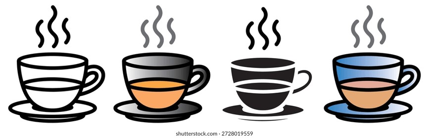An assortment of stylized hot drink cups and saucers emitting steam in various designs