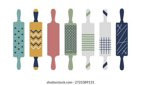 Un surtido de rodillos estilizados están dispuestos sobre un fondo blanco limpio. Cada pin presenta un patrón distinto y una combinación de colores, desde verde azulado y amarillo hasta rosa y verde. El diseño sugiere un tema culinario, perfecto para ilustrar la preparación de alimentos o proyectos creativos.