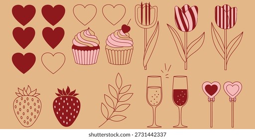 Surtido de objetos románticos estilizados que incluyen varios corazones cupcakes tulipanes fresas flautas de champán y Elementos botánicos dispuestos sobre un fondo de color bronceado apagado que sugiere amor y festividad.