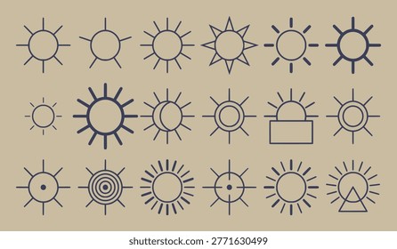 Assortment of stylized sun and celestial body icons with celestial, radiance