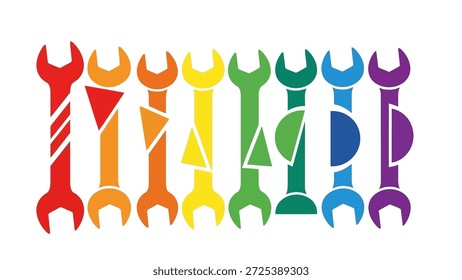 An assortment of stylized wrenches are displayed in a row, each a different color of the rainbow. The composition uses flat design with geometric shapes filling some of the wrench silhouettes. Suitable for various design projects, this graphic can be applied in both commercial and editorial contexts.