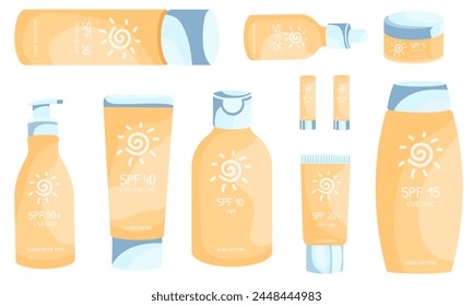 An assortment of sunscreen bottles and tubes with varying SPF levels, displayed in a clean and airy layout, reflecting a comprehensive sun care line