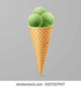 Assortment of sweet green ice cream balls in a waffle cone, isolated on gray background