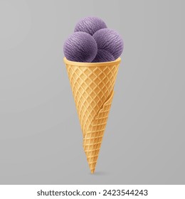 Assortment of sweet purple ice cream balls in a waffle cone, isolated on gray background