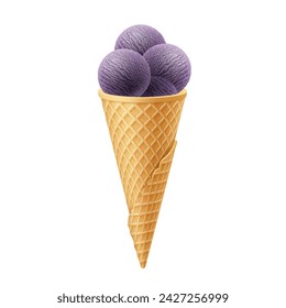 Assortment of sweet purple ice cream balls in a waffle cone, isolated on white background