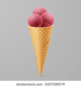 Assortment of sweet red ice cream balls in a waffle cone, isolated on gray background