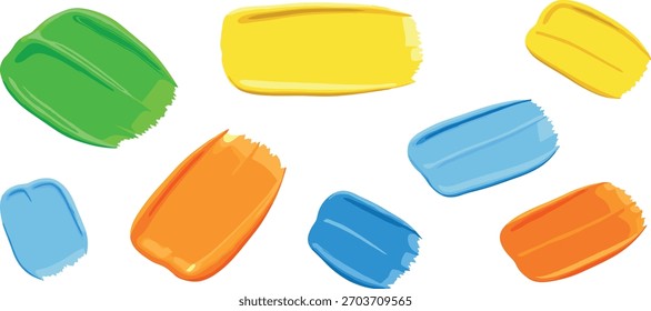 Eine Auswahl von dicken, strukturierten Farbtöpfen in Grün, Gelb, Orange und Blau. Die künstlerischen Farbfelder sind einzeln auf sauberem, weißem Hintergrund für Gestaltungselemente.