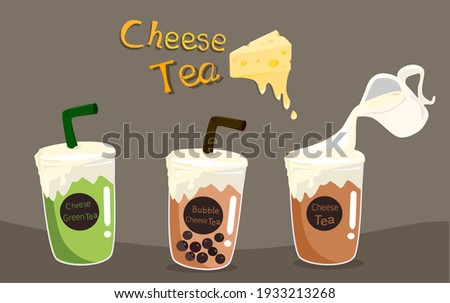 Assortment three kinds of Cheese Tea with whipped cream cheese, Trendy food and drink. 