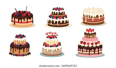 Uma variedade de bolos em camadas e de camada única, com chocolate rico, cobertura cremosa e coberturas de frutas frescas coloridas.