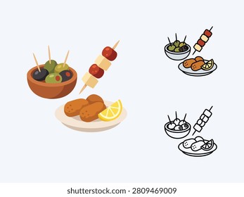 An assortment of traditional Spanish tapas featuring olive skewers, croquettes on a plate with lemon, and toothpick appetizers in colored and outline formats.