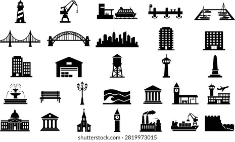 Assortment of urban and architectural elements, including lighthouses, construction cranes, port facilities, and a city skyline.