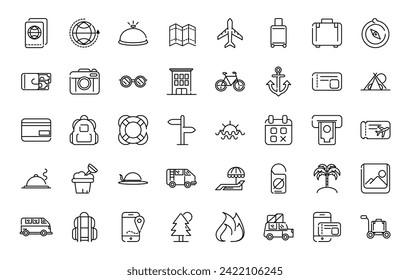 Assortment of vacation and tourism thick line art icons vector