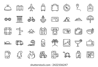 Assortment of vacation and tourism thick line art icons vector
