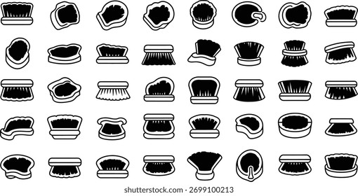 Uma variedade de várias formas e tamanhos de pincel, ilustradas em um estilo de arte de linha monocromática e limpo. Perfeito para ícones ou elementos gráficos.