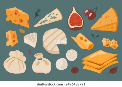 Assortment of various cheese types on a dark green background. Colorful flat illustration of slices, wedges, and rounds alongside figs, grape, and almonds. Food and culinary concept.