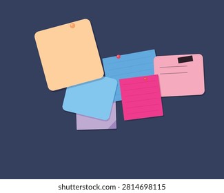 Assortment of various colored sticky notes. Some pinned, some clipped, for memos, reminders, or ideas.