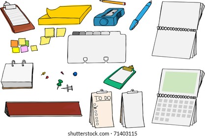 Assortment of various office and school supplies with blank sections to add your own content.