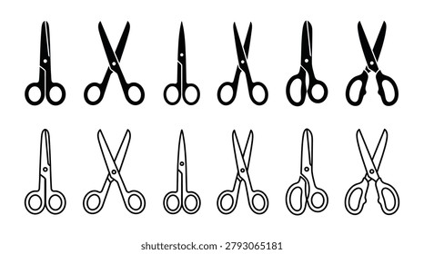 An assortment of various scissor styles shown in black silhouette and linear outline designs