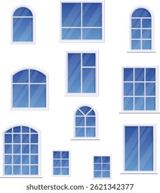 Surtido de varios estilos y Diseños de ventanas, ventanas con marcos blancos diferentes. Vector enfermo