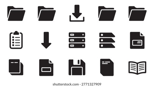 Assortment of vector icons featuring folder, download, clipboard, server, and book symbols for diverse applications.