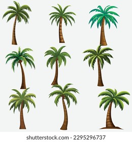 Assortment of Vector Illustrations of Palm Trees in Different Variants, Isolated on a White Background