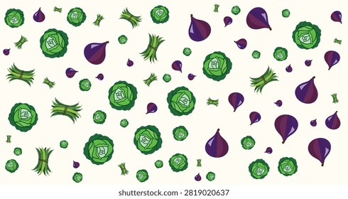 An assortment of vegetables featuring cabbages and shallots in green and purple shades with varied shapes and fresh textures for culinary and health themes