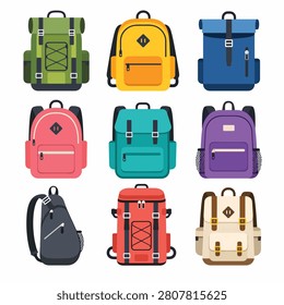 Assortment of vibrant backpacks and bags in various colors and styles