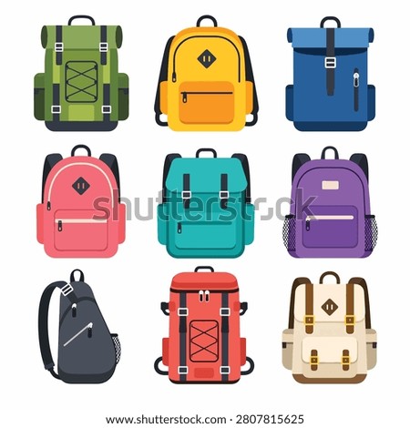 Assortment of vibrant backpacks and bags in various colors and styles