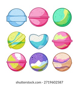 Surtido de bombas de baño vibrantes y golosinas efervescentes con diferentes colores y patrones atractivos, creando una pantalla decorativa y acogedora para el cuidado personal y la relajación