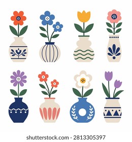 Assortment of vibrant flowers in different shaped vases and planters
