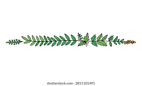 Assortment of vibrant foliage and tiny fruits creating a whimsical natural divider element in a hand-drawn cartoon style.