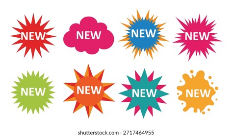 Surtido de vibrantes 'nuevos' sellos en varias Formas y colores, ideales para promociones.