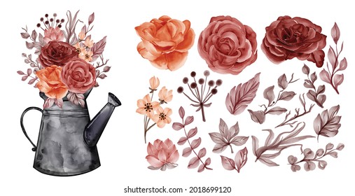 Assortment of watercolor leaves with autumn fall rose