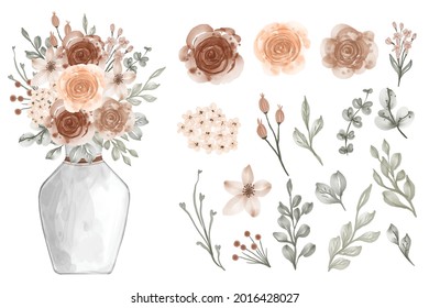 Assortment of watercolor leaves with flowers beige soft pastel color