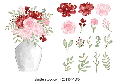 Variedad de hojas de acuarela y flores rosadas rojas