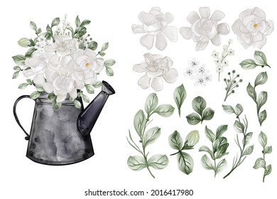 Assortment of watercolor leaves with gardenia white flower