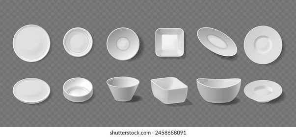 Assortment Of White Plates And Bowls In Various Shapes And Sizes. Realistic 3d Vector Tableware Collection