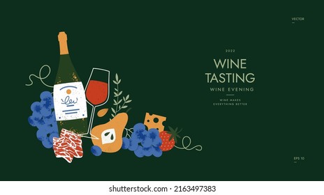 La variedad de aperitivos de vino. Plantilla de diseño. Ilustración vectorial.