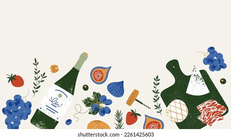 Assortment of wine appetizers. Horizontal design template. Vector illustration.